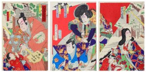 TOYOHARA KUNICHIKA(1835-1900), Aktorzy w sztuce kabuki „Onai Hitome no Sekimori” - tryptyk