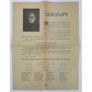 ŽIADOSŤ! - Výbor pre výstavbu pomníka Márie Konopnickej vo Ľvove - Ľvov 1922