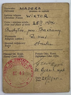 POLISH ARMED FORCES ID CARD B. PRISONER OF WAR