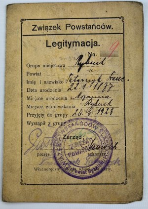 ZWIĄZEK POWSTAŃCÓW - LEGITYMACJA - Rybnik 1923