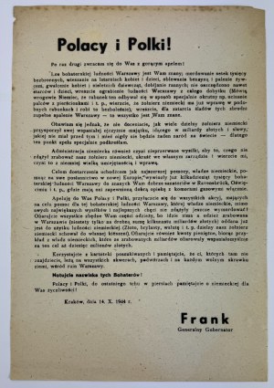 Odezwa - Polacy i Polki! Los bohaterskiej ludności Warszawy jest wam znany... - Kraków 1944 - Frank Generalny Gubernator