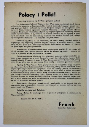 Vyhlásenie - Poliaci a Poľky! Osud hrdinského varšavského ľudu je vám známy... - Krakov 1944 - generálny guvernér Frank