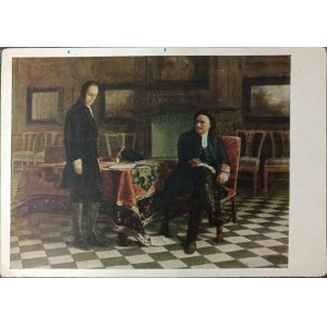 Alte Postkarte mit Reproduktion: Nikolai N. Ge, Peter der Große verhört Zarowitsch Alexej Petrowitsch in Peterhof