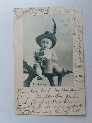 POSTCARD PAINTING CHILD HIGHLANDER HAT MUG LONG ADDRESS PRE-WAR 1903