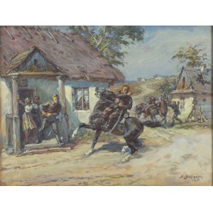 Stanisław Bagieński (1876 Varšava - 1948 Varšava), Ułani w wiejskiej zagrodzie / Uláni na venkovském statku, 1945