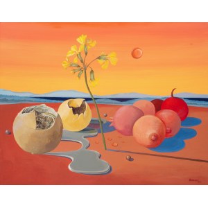Leszek Rózga (1924 - 2015), Pumpkins and pomegranates in a landscape, 1975
