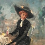 UNIDENTIFIED SIGNATURE, Woman in an elegant dress sitting at a small table