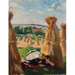 Wojciech Weiss (1875 Leorda na Bukowinie - 1950 Krakov), Odpoczynek w cieniu stogów siana (Odpočinok v tieni kopy sena)