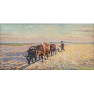 Kazimierz Lasocki (1871 Gąbin - 1952 Warsaw), Ploughing with oxen, 1926.