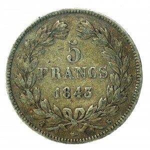 Francúzsko, Ľudovít Filip I., 5 frankov 1843 K, Bordeaux (146)
