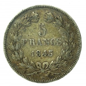 Francja, Ludwik Filip I, 5 franków 1843 K, Bordeaux (146)