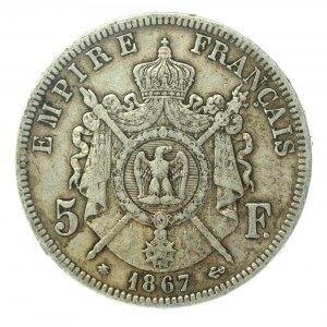Francia, Napoleone III, 5 franchi 1867 A, Parigi (153)