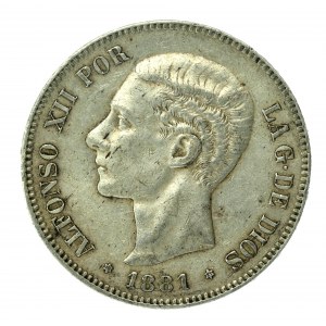 Spain, Alfonso XII, 5 pesetas, 1881 MS-M, Madrid (163)
