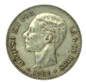 Espagne, Alfonso XII, 5 pesetas, 1881 MS-M, Madrid (163)