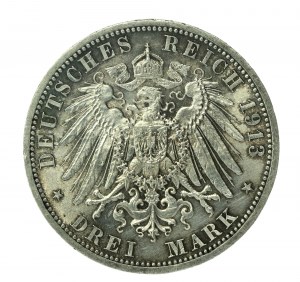 Německo, Prusko, Vilém II. v uniformě, 3 marky 1913 A, Berlín (166)