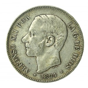 Spain, Alfonso XII, 5 pesetas, 1884 MS-M, Madrid (168)