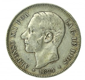 Hiszpania, Alfons XII, 5 peset, 1884 MS-M, Madryt (168)