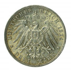 Německo, Württemberg, Wilhelm II, 3 marky 1914 F, Stuttgart (178)