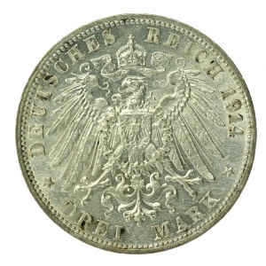 Německo, Bádensko, Frederick II, 3 marky 1914 G, Karlsruhe (181)