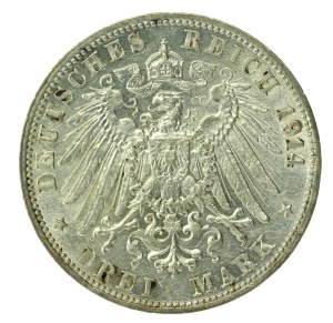 Německo, Bádensko, Frederick II, 3 marky 1914 G, Karlsruhe (181)