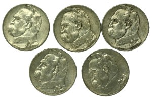 II RP, série de 5 pièces en or 1936 Piłsudski. Total 5 pièces. (191)