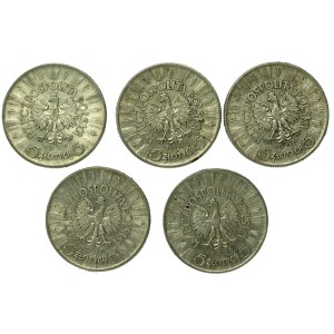 II RP, série de 5 pièces en or 1936 Piłsudski. Total 5 pièces. (191)