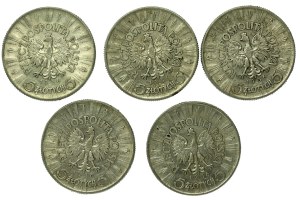 Second Republic, set of 5 gold 1936 Pilsudski. 5 pieces total. (191)