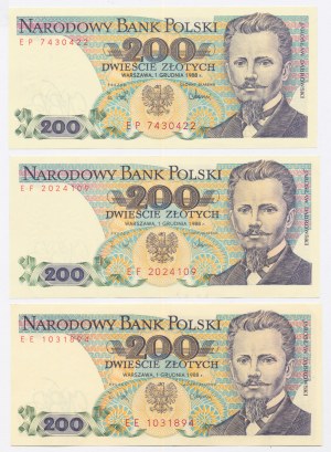 République populaire de Pologne, 200 zlotys 1988, séries EE, EF, EP. Total de 3 pièces. (1002)