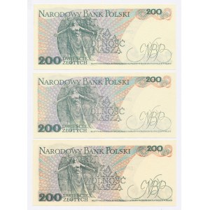 Volksrepublik Polen, 200 Zloty 1988, Serien: EE, EF, EP. Insgesamt 3 Stück. (1002)