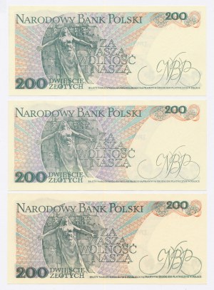 République populaire de Pologne, 200 zlotys 1988, séries EE, EF, EP. Total de 3 pièces. (1002)