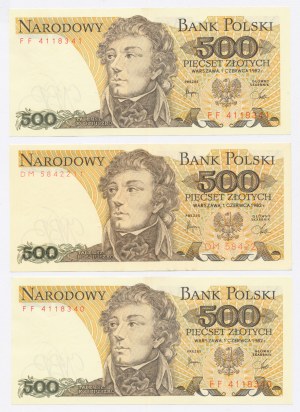 PRL, Zestaw 500 złotych 1982 serie: FF i DM. Razem 3 szt. (1004)