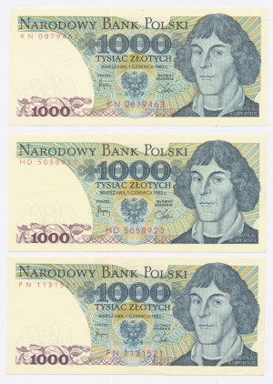 PRL, 1.000 złotych 1982 serie: FN, HD, KN. Razem 3 szt. (1007)