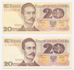 République populaire de Pologne, 20 zlotys 1982, série D, AS. Total 2 pièces. (1019)