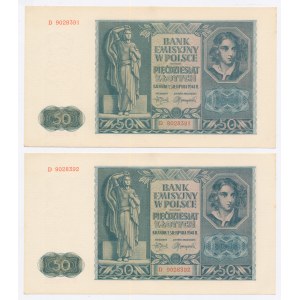 GG, 50 Zloty 1941 Serie D. Fortlaufende Nummern. Insgesamt 2 Stück. (1020)