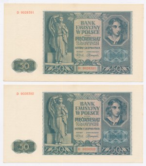 GG, 50 zlotys 1941 série D. Numéros consécutifs. Total de 2 pièces. (1020)