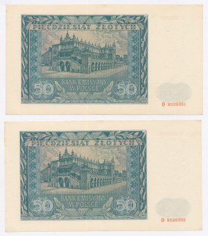 GG, 50 zloty 1941 series D. Consecutive numbers. Total of 2 pcs. (1020)