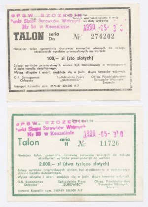 Talons pour papier usagé Koszalin, 100 et 2 000 zl. Total de 2 pièces. (1134)