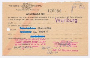 Asygnata na zakup samochodu Wartburg 1982 (1142)