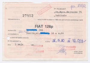 Bon de collection pour une Fiat 126p, 1980 (1143)