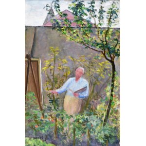 Irena WEISS - ANERI (1888-1981), Mój Mistrz w ogródku maluje [W ogrodzie - Wojciech Weiss przy sztaludze], 1935