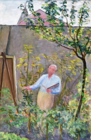 Irena WEISS - ANERI (1888-1981), Mój Mistrz w ogródku maluje [W ogrodzie - Wojciech Weiss przy sztaludze], 1935