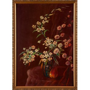 K. RYBARCZYK (XX wiek), Martwa natura z kwiatami i gruszką, 1990