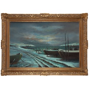 Painter unspecified, Polish (20th century), Fishing boats in winter