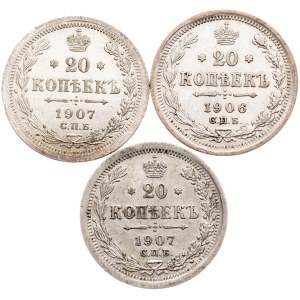 Russia - Nicholas II. , 20 Kopecks 1906, 1907 СПБ - LOT - 3 pcs