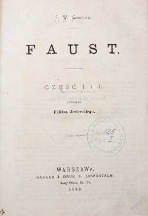Goethe J., FAUST, 1880 [binding] [first Polish translation].