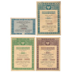National Loan for the Development of Polish Forces, 10, 100, 200, and 500 zł Bonds, 1951 (4 pieces)