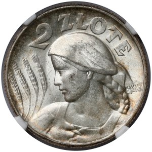 Donna e spighe, 2 złoty del 1925 con puntino, Londra – bellissima