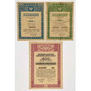Prestito privilegiato per la ricostruzione del Paese e Prestito nazionale per lo sviluppo delle forze armate polacche, obbligazioni da 100, 200 e 500 zł, 1946-1951 (3 pezzi)