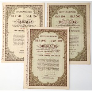 5% Long-Term Internal Loan, 100, 500, and 1,000 mk Bonds, 1920 (3 pieces)