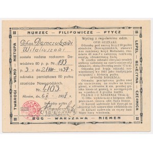 Badge Certificate, 80th Infantry Regiment—for Cadet Witaliusz Demczuk [1937]